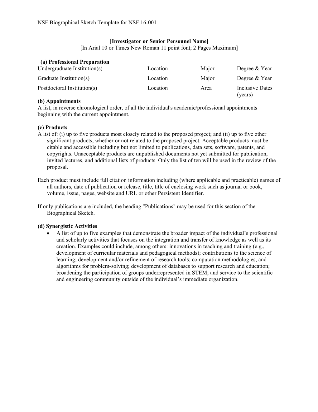 NSF Biographical Sketch Template for NSF 16-001