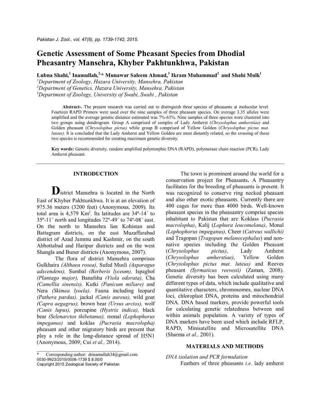 Genetic Assessment of Some Pheasant Species from Dhodial Pheasantry Mansehra, Khyber Pakhtunkhwa, Pakistan