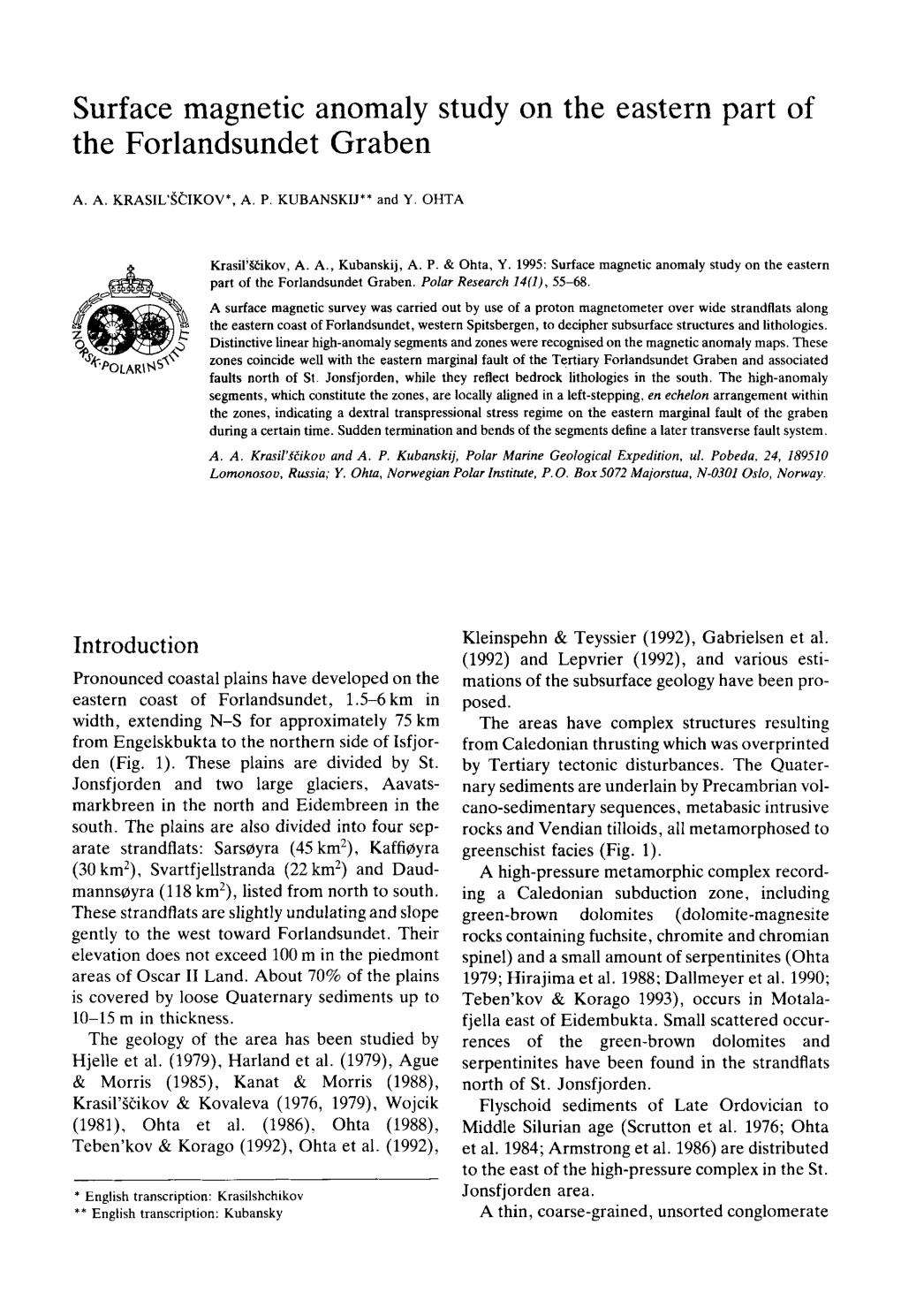 Surface Magnetic Anomaly Study on the Eastern Part of the Forlandsundet Graben