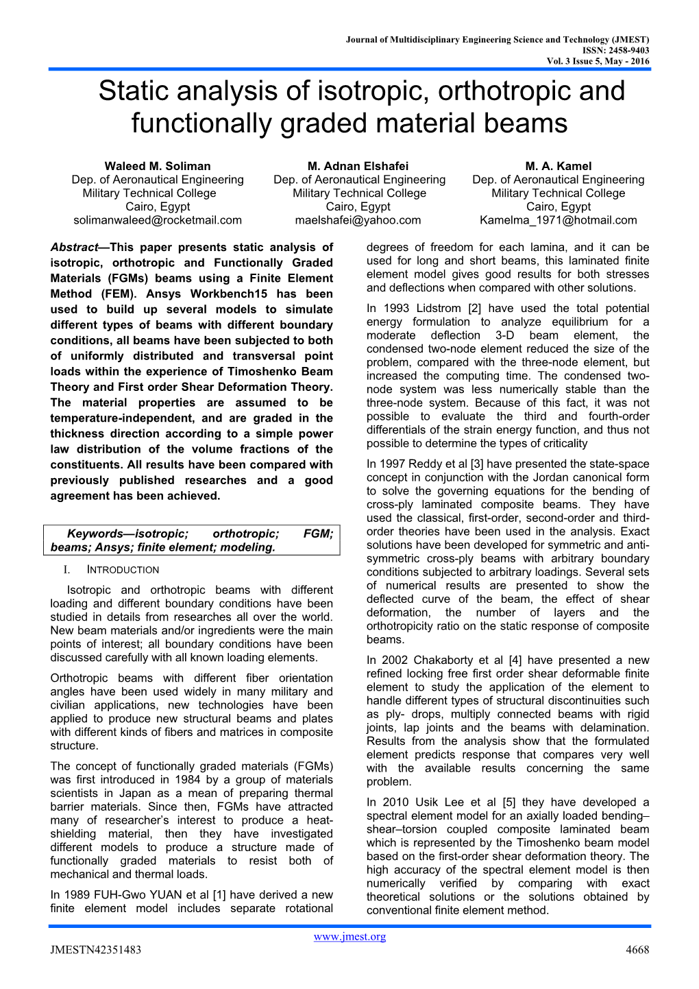 Static Analysis of Isotropic, Orthotropic and Functionally Graded Material Beams