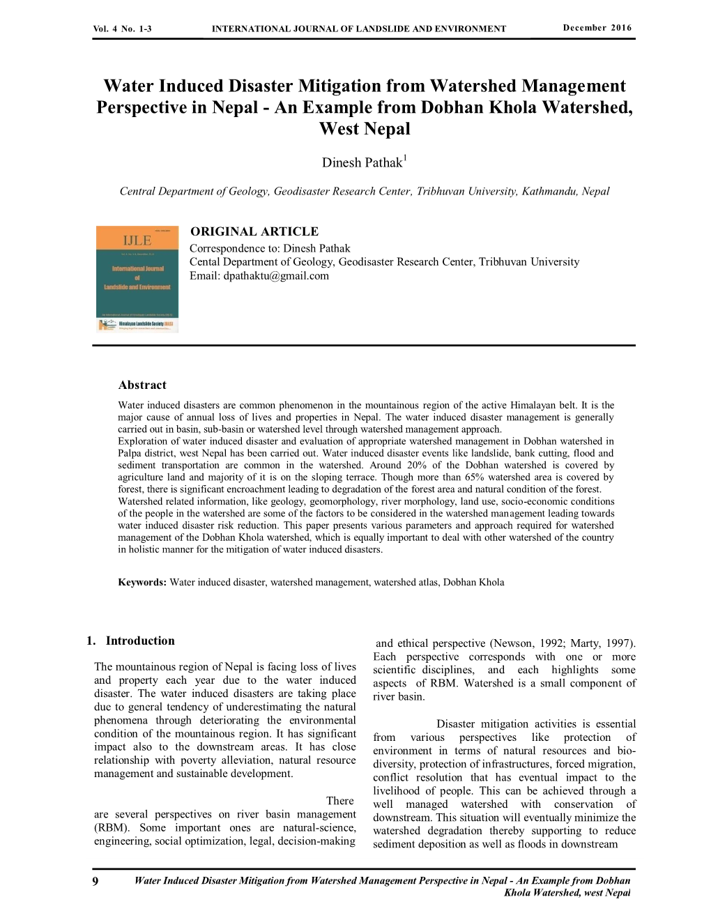 Water Induced Disaster Mitigation from Watershed Management Perspective in Nepal - an Example from Dobhan Khola Watershed, West Nepal