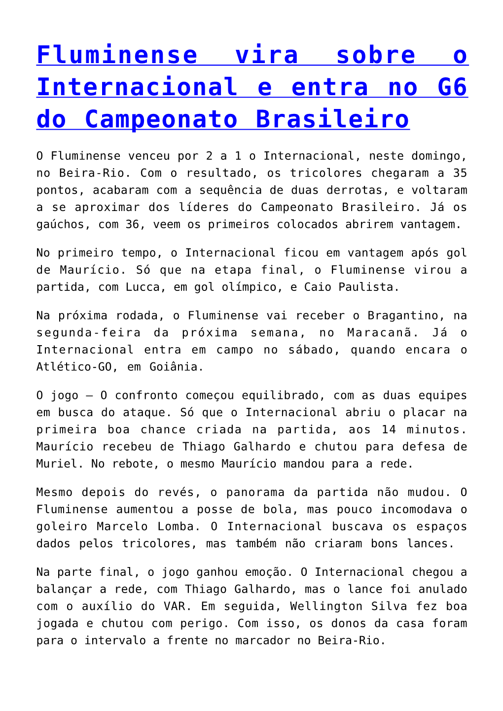 Fluminense Vira Sobre O Internacional E Entra No G6 Do Campeonato Brasileiro