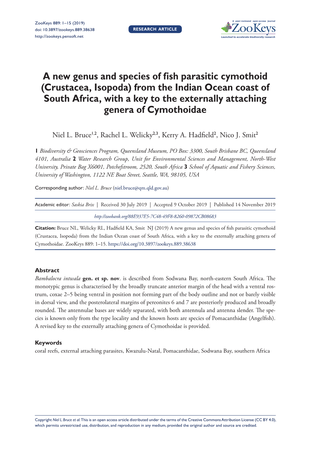 Crustacea, Isopoda) from the Indian Ocean Coast of South Africa, with a Key to the Externally Attaching Genera of Cymothoidae