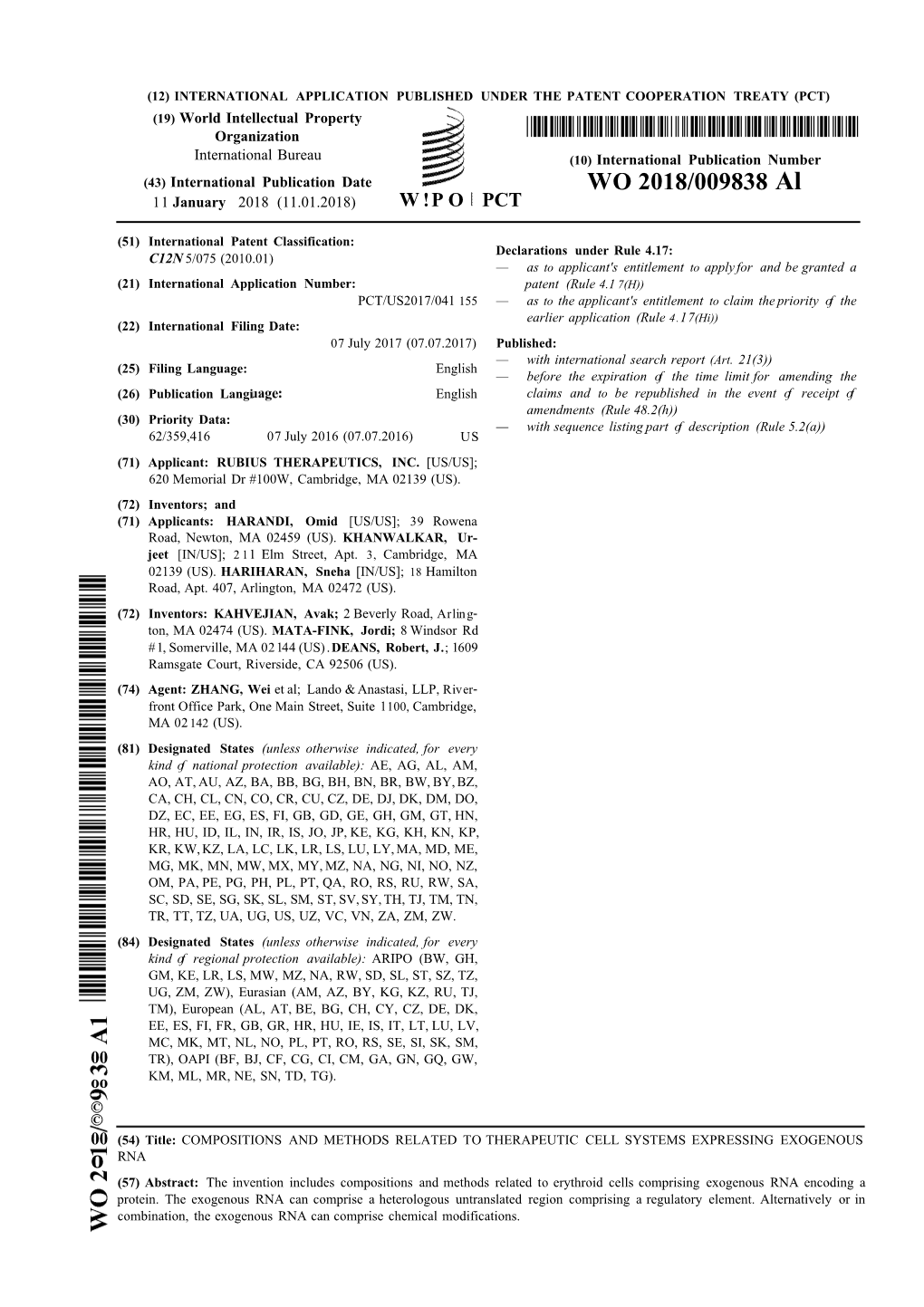 WO 2018/009838 Al 11 January 2018 (11.01.2018) W !P O PCT