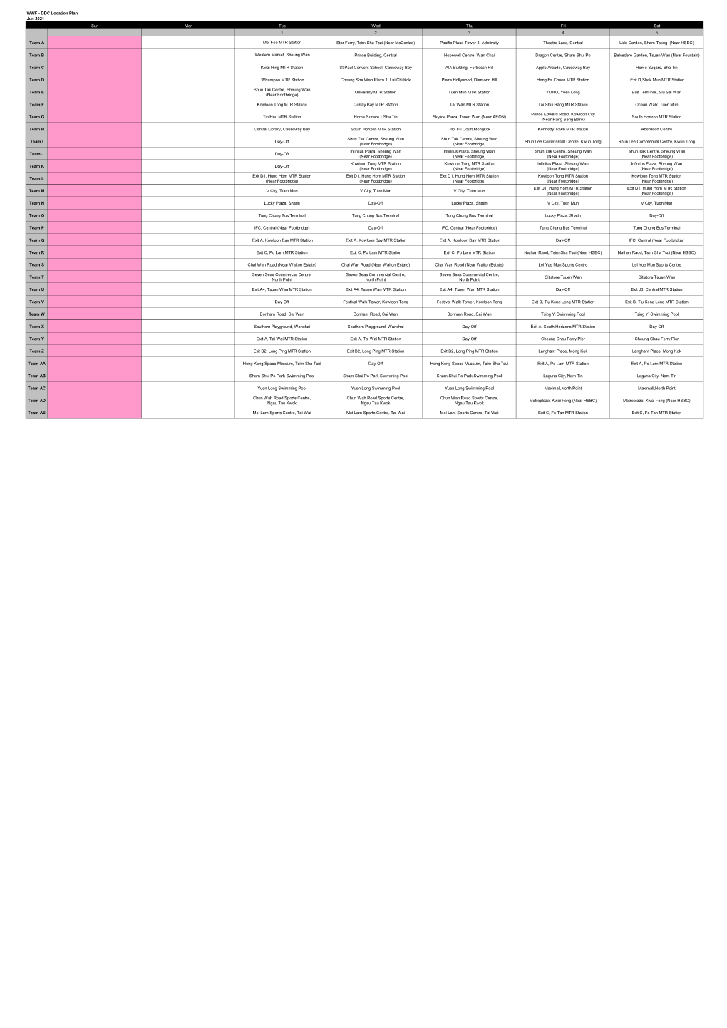 DDC Location Plan Sun Mon Tue Wed Thu Fri Sat 1 2 3 4 5 Team