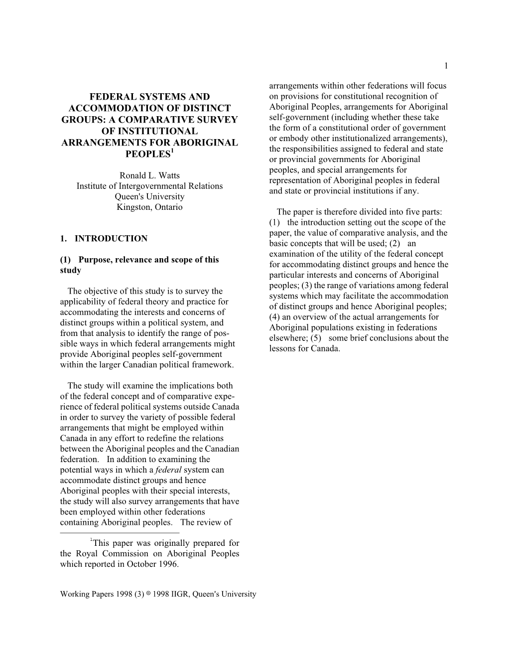 Federal Systems and Accommodation of Distinct Groups: a Comparative Survey of Institutional Arrangements for Aboriginal Peoples