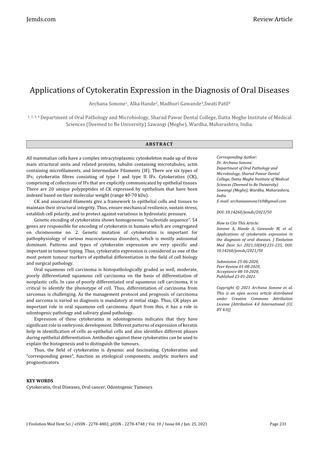 Applications of Cytokeratin Expression in the Diagnosis of Oral Diseases