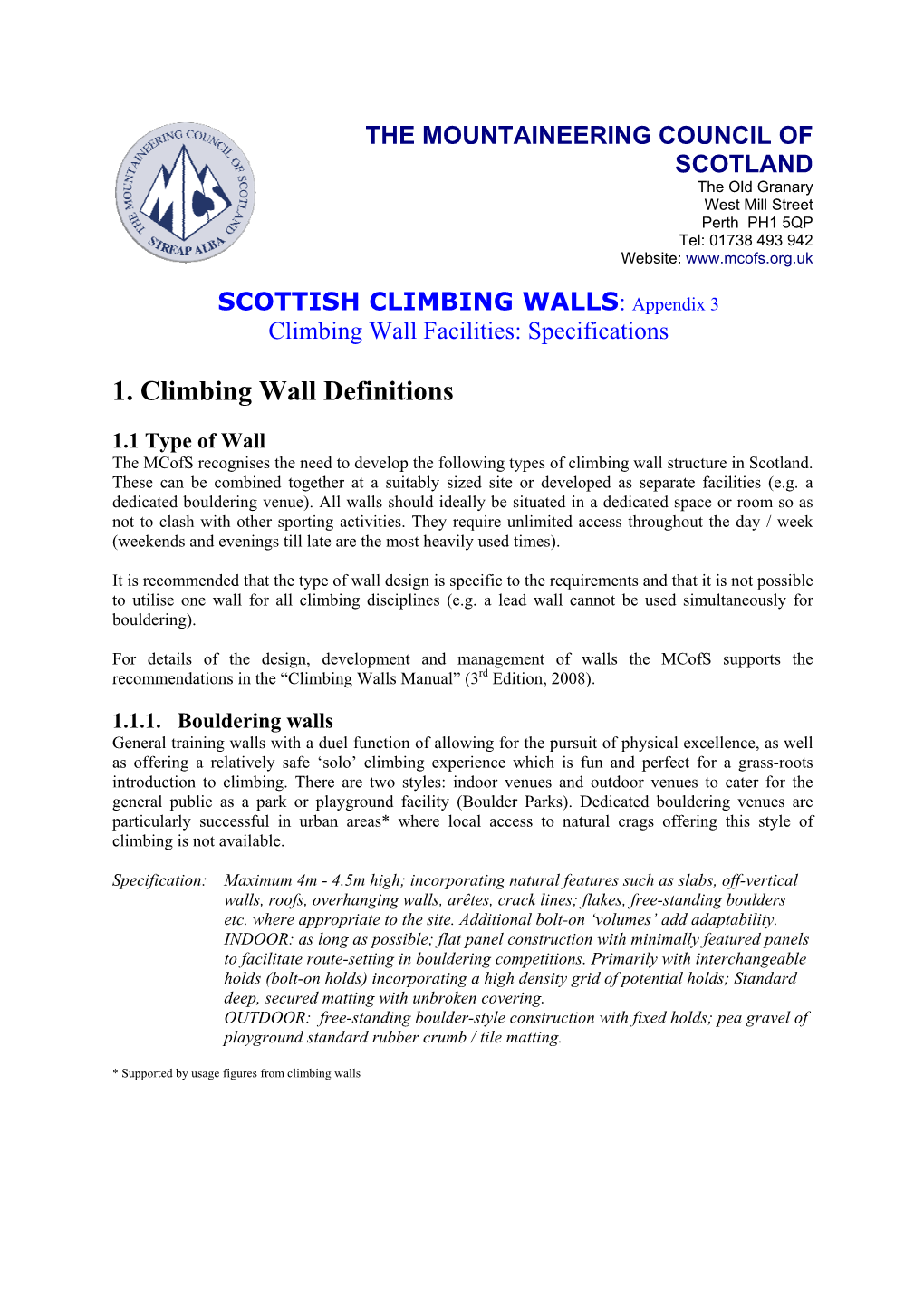 Mcofs Climbing Wall Specifications