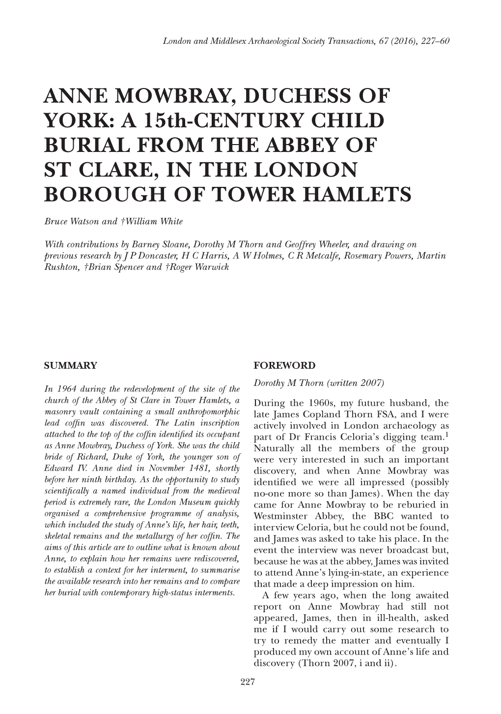 ANNE MOWBRAY, DUCHESS of YORK: a 15Th-CENTURY CHILD BURIAL from the ABBEY of ST CLARE, in the LONDON BOROUGH of TOWER HAMLETS