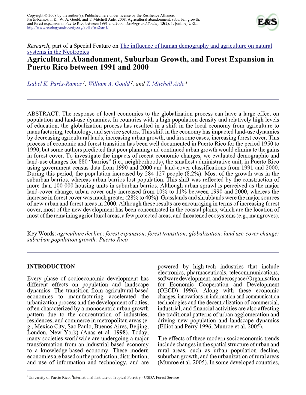 Agricultural Abandonment, Suburban Growth, and Forest Expansion in Puerto Rico Between 1991 and 2000