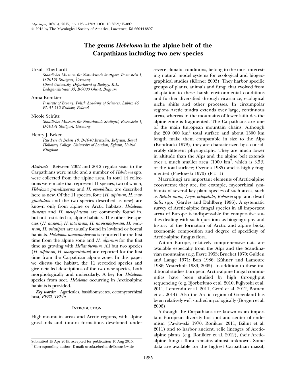 The Genus Hebeloma in the Alpine Belt of the Carpathians Including Two New Species