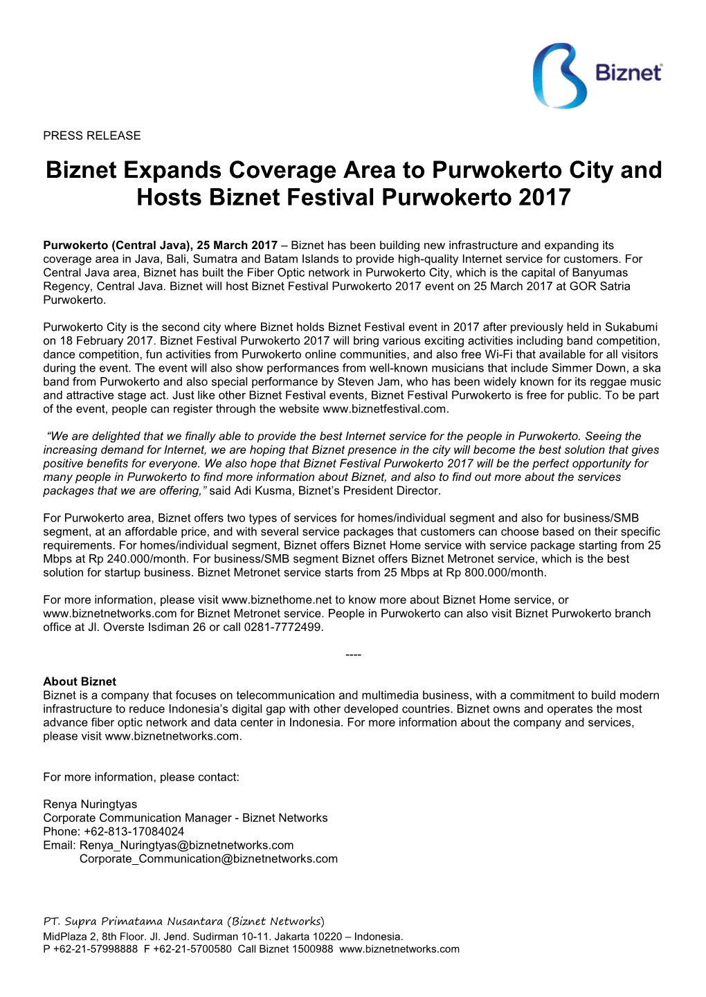 Biznet Expands Coverage Area to Purwokerto City and Hosts Biznet Festival Purwokerto 2017