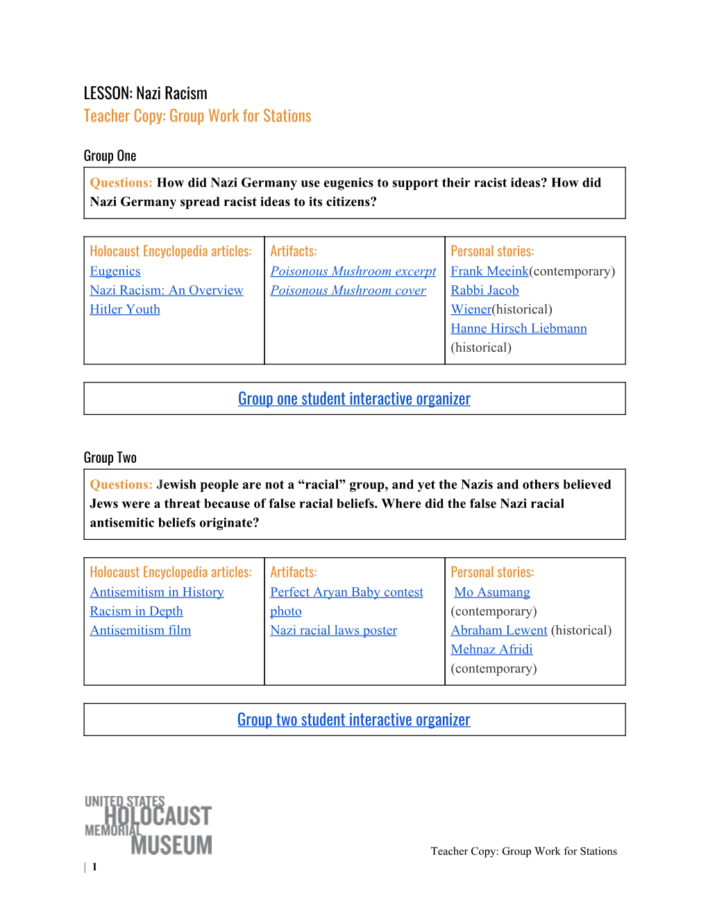 LESSON: Nazi Racism Teacher Copy: Group Work for Stations Group One Student Interactive Organizer Group Two Student Intera