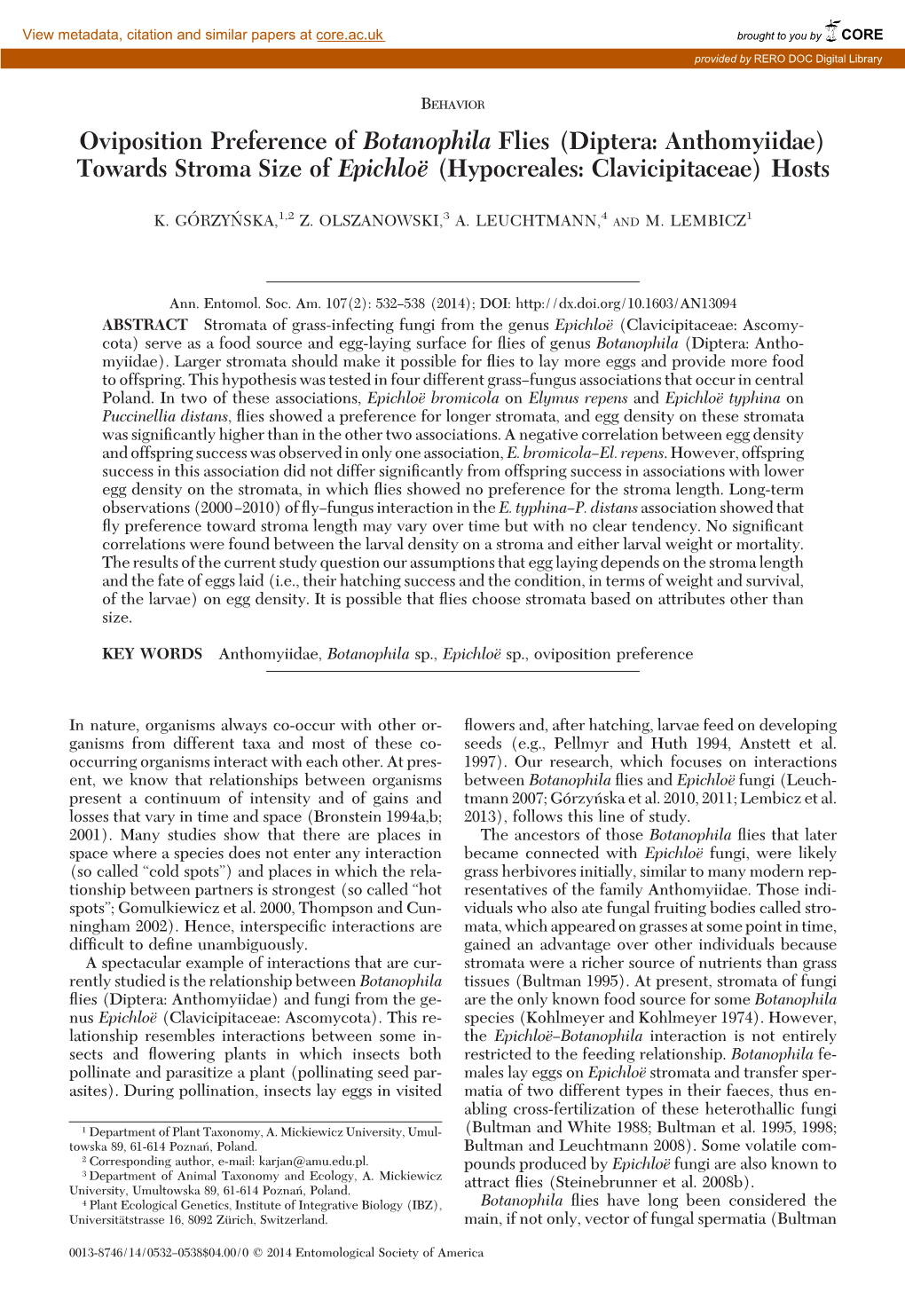 Oviposition Preference of Botanophila Flies (Diptera: Anthomyiidae) Towards Stroma Size of Epichloe¨ (Hypocreales: Clavicipitaceae) Hosts