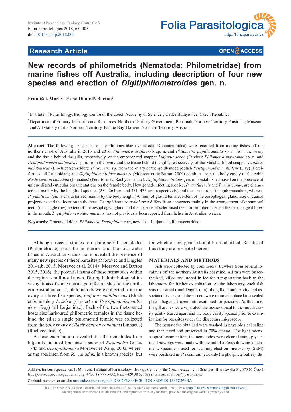 Nematoda: Philometridae) from Marine Fishes Off Australia, Including Description of Four New Species and Erection of Digitiphilometroides Gen