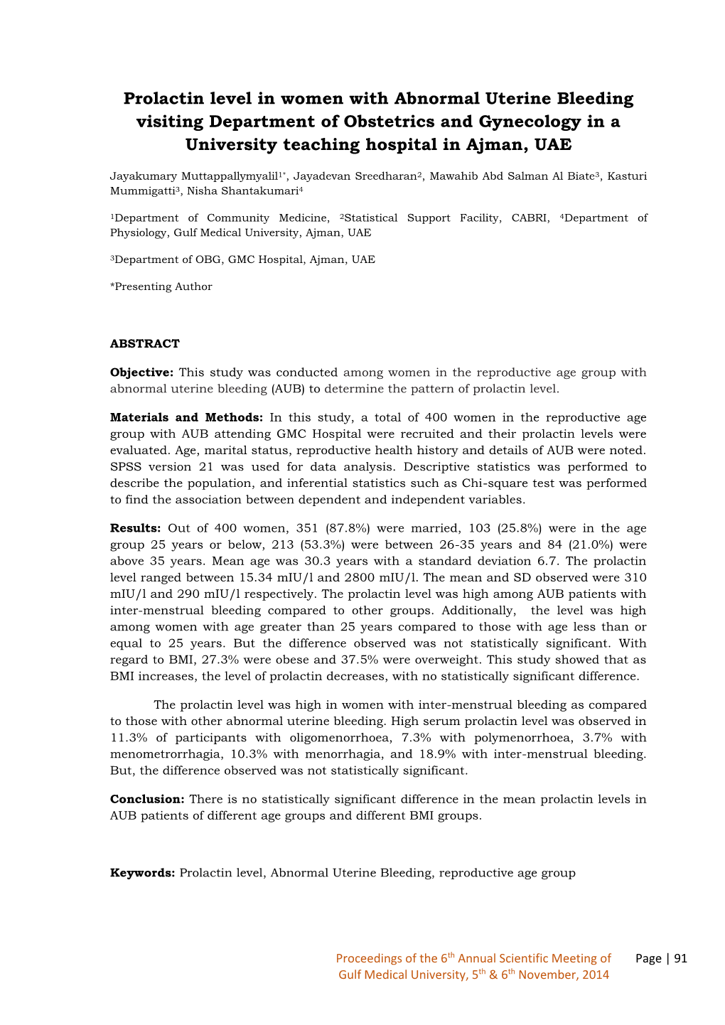 Prolactin Level in Women with Abnormal Uterine Bleeding Visiting Department of Obstetrics and Gynecology in a University Teaching Hospital in Ajman, UAE