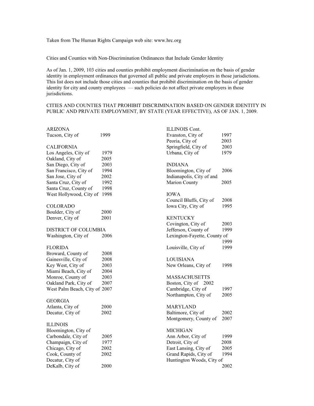 Cities and Counties with Non-Discrimination Ordinances That Include Gender Identity