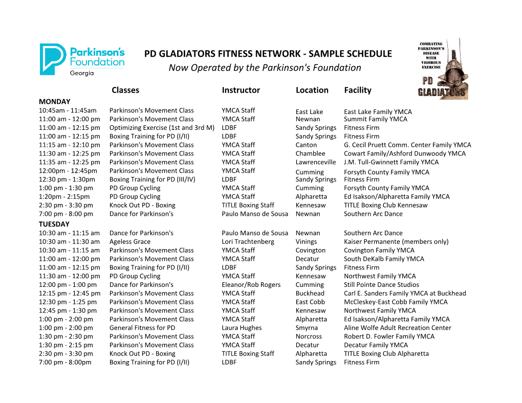 PD GLADIATORS FITNESS NETWORK - SAMPLE SCHEDULE Now Operated by the Parkinson's Foundation