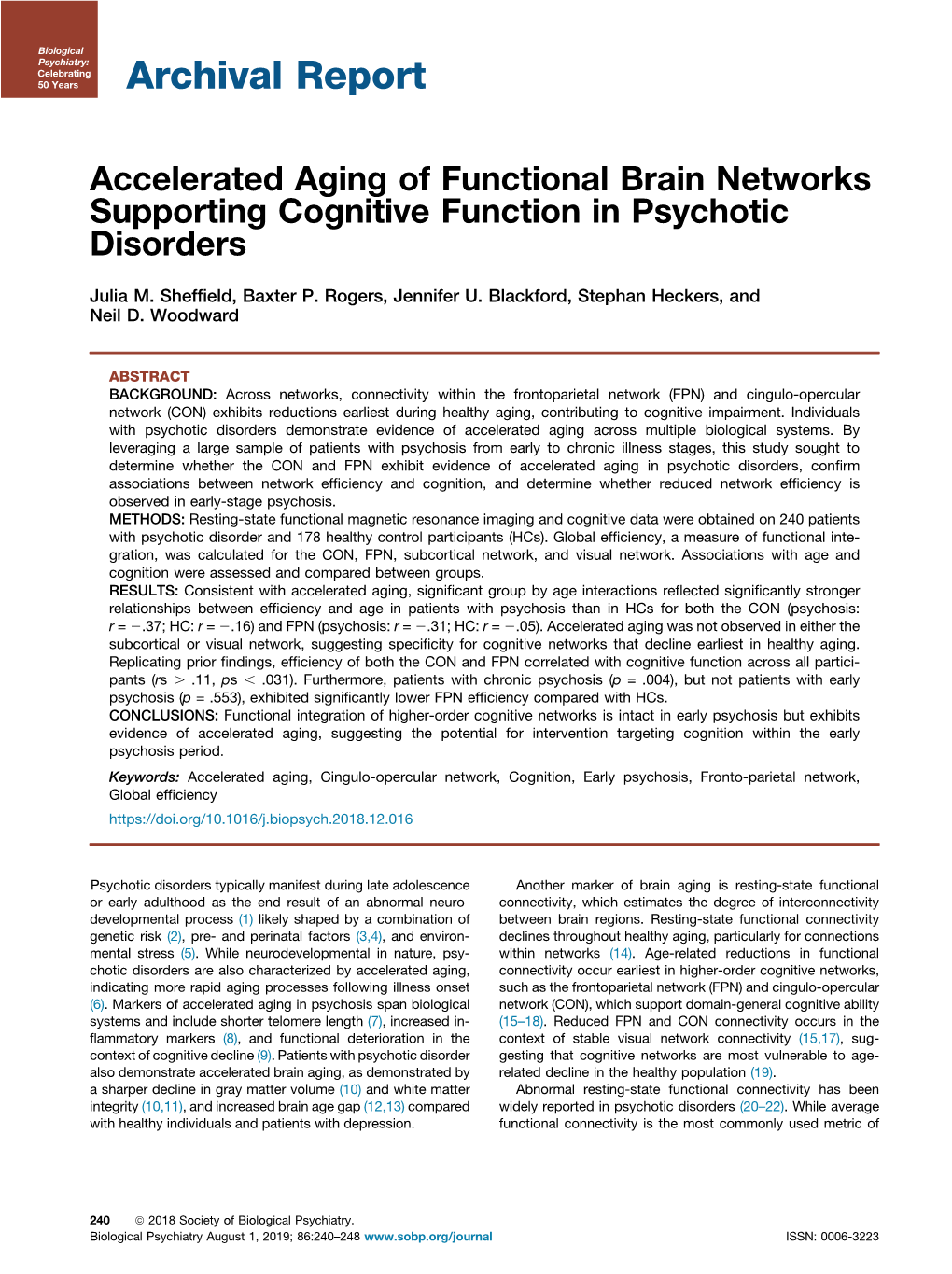 Accelerated Aging of Functional Brain Networks Supporting Cognitive Function in Psychotic Disorders