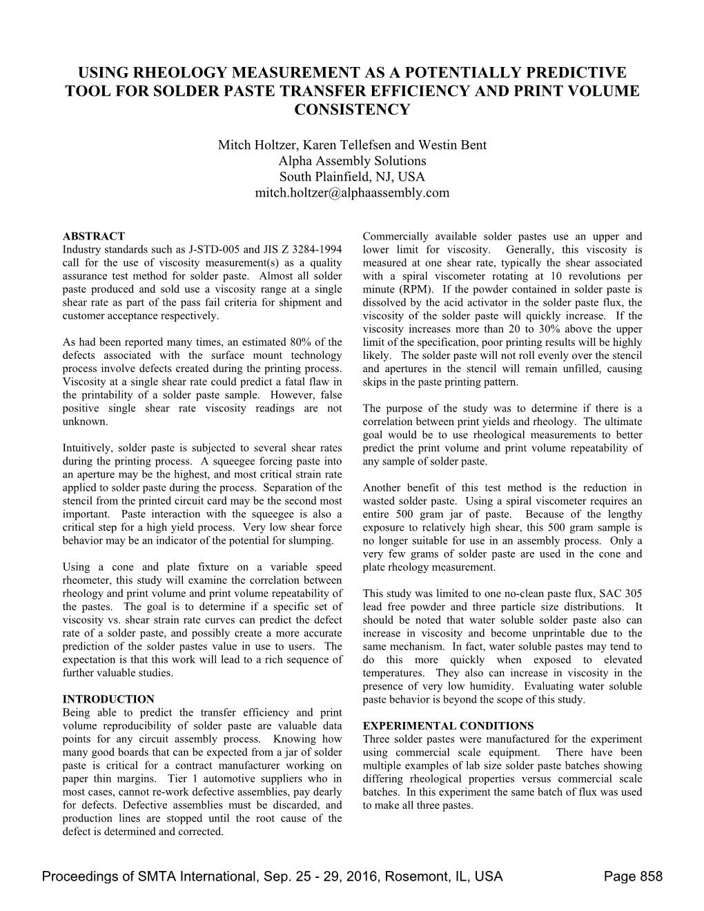 Using Rheology Measurement As a Potentially Predictive Tool for Solder Paste Transfer Efficiency and Print Volume Consistency