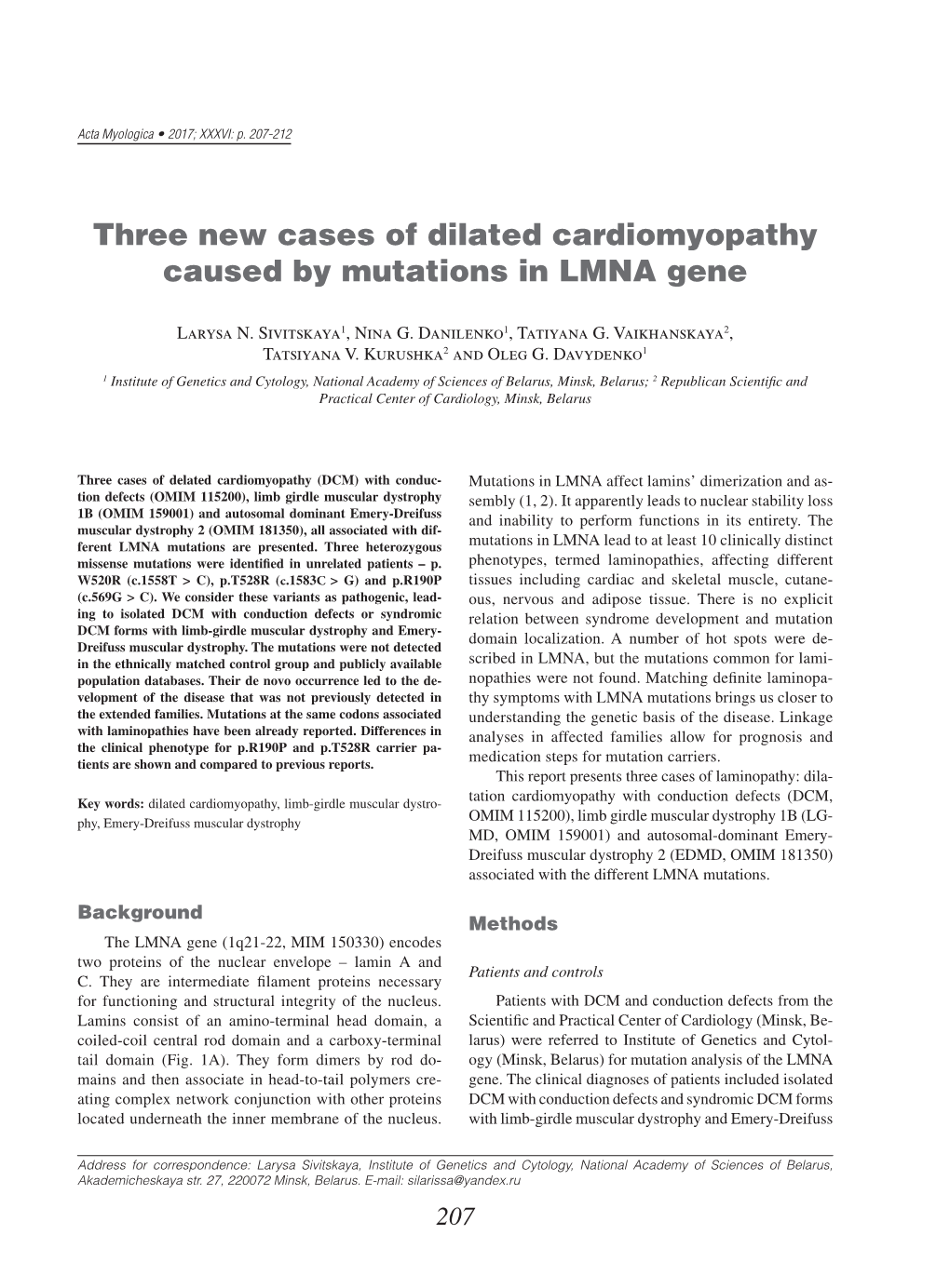 Three New Cases of Dilated Cardiomyopathy Caused by Mutations in LMNA Gene