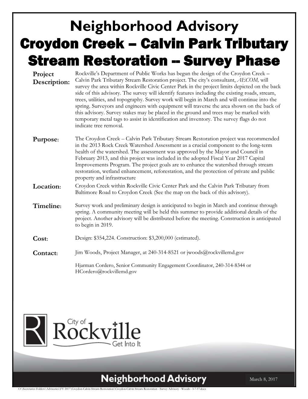 Calvin Park Tributary Stream Restoration -- Survey Phase