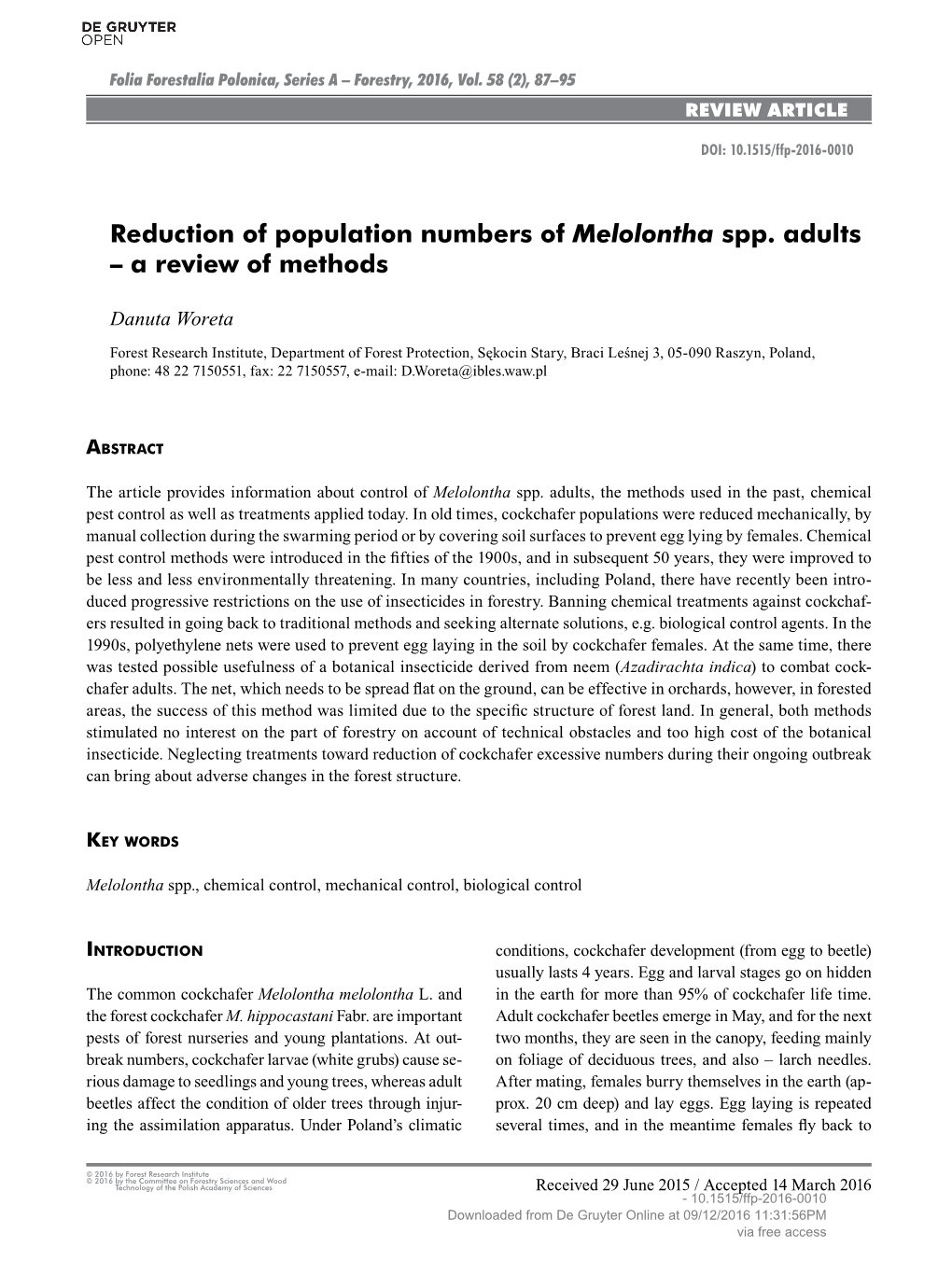 Reduction of Population Numbers of Melolontha Spp