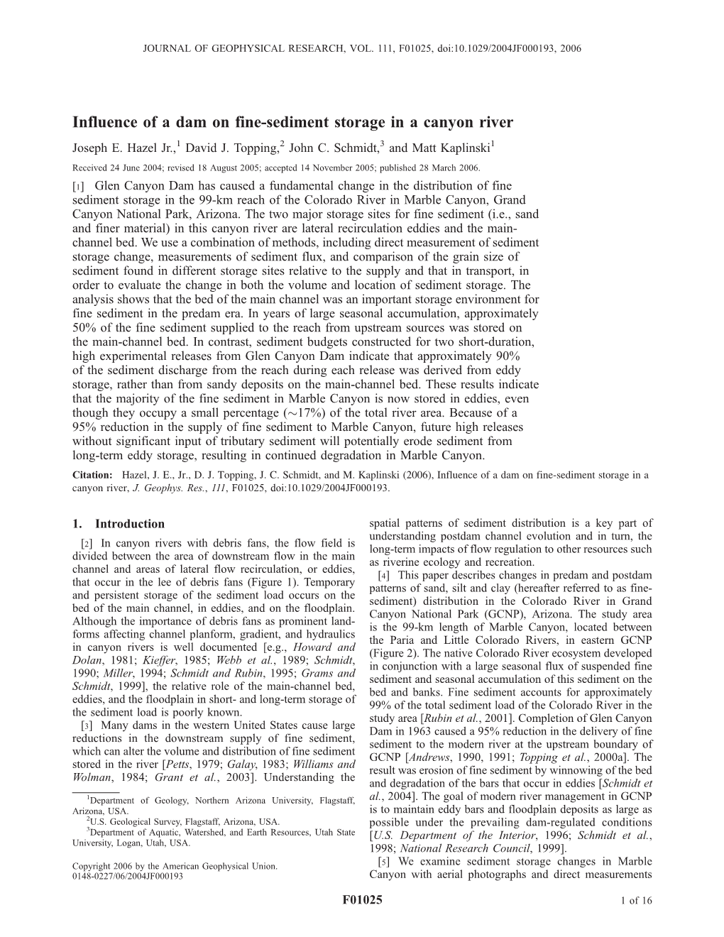 Influence of a Dam on Fine-Sediment Storage in a Canyon River Joseph E