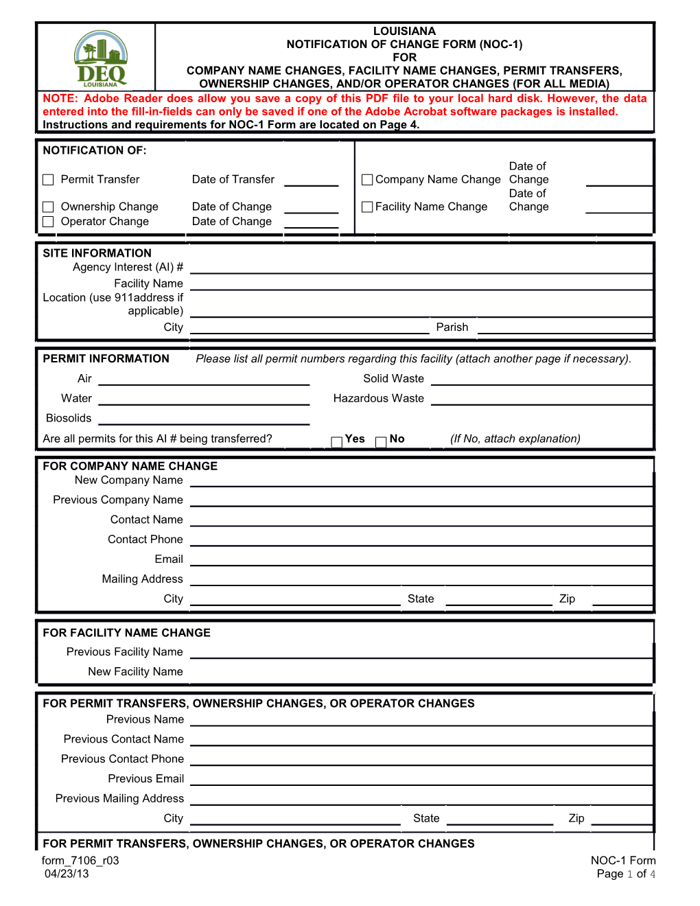 Notification of Change NOC-1 Form Requirements and Certification s1