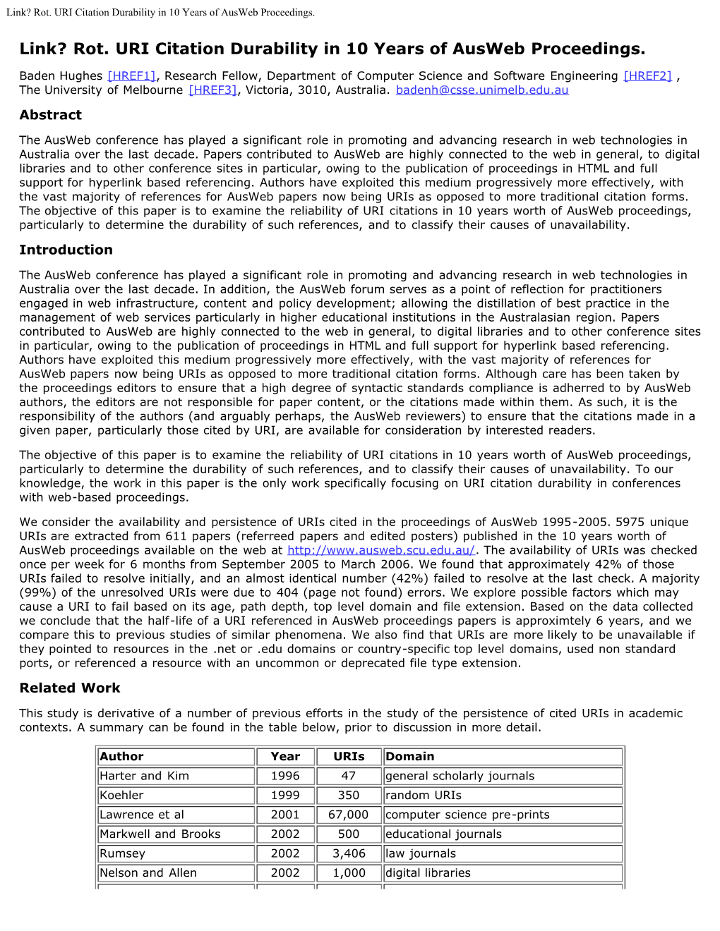 Link ? Rot: URI Citation Durability in 10 Years of Ausweb Proceedings