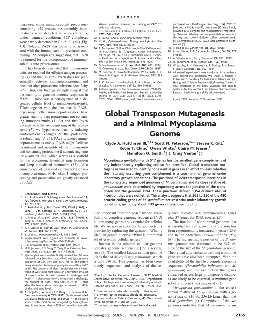 Global Transposon Mutagenesis and a Minimal Mycoplasma Genome