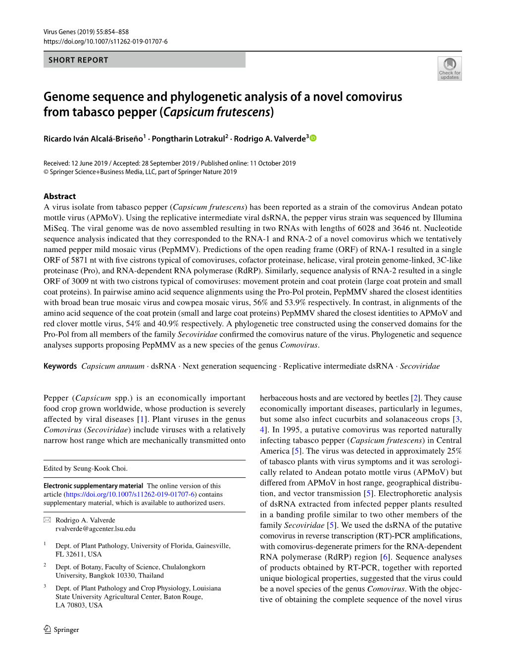 Genome Sequence and Phylogenetic Analysis of a Novel Comovirus from Tabasco Pepper (Capsicum Frutescens)