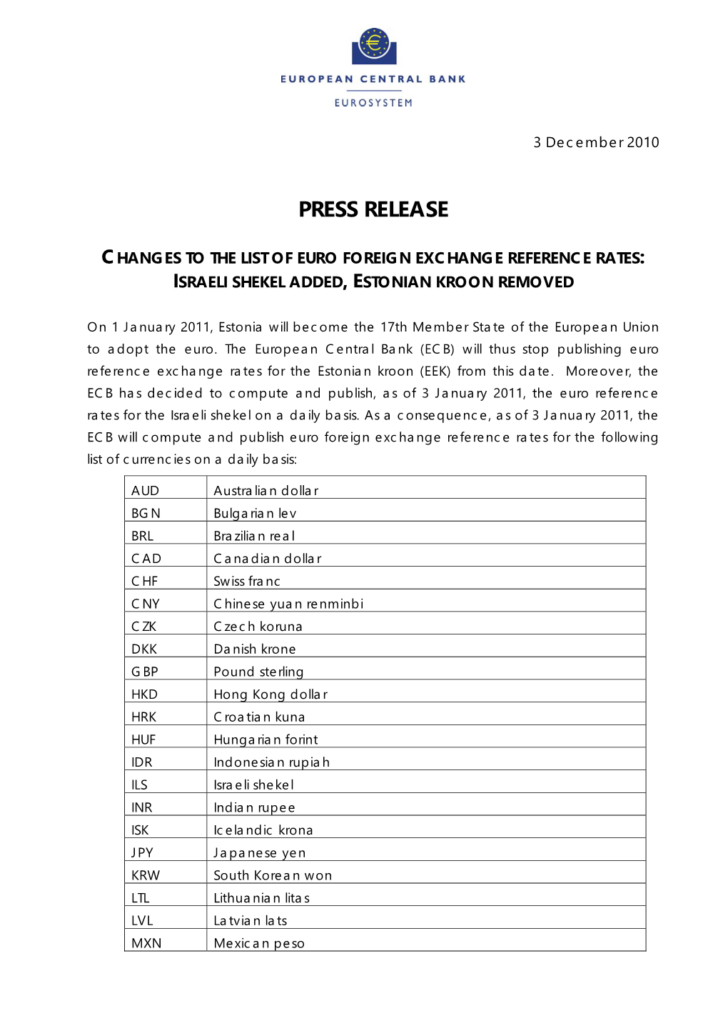 Press Release Changes to the List of Euro Foreign Exchange Reference