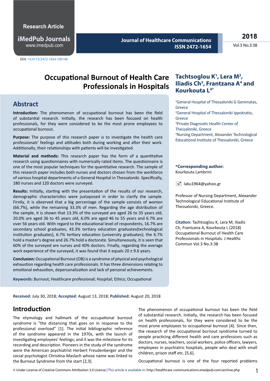 Occupational Burnout of Health Care Professionals in Hospitals