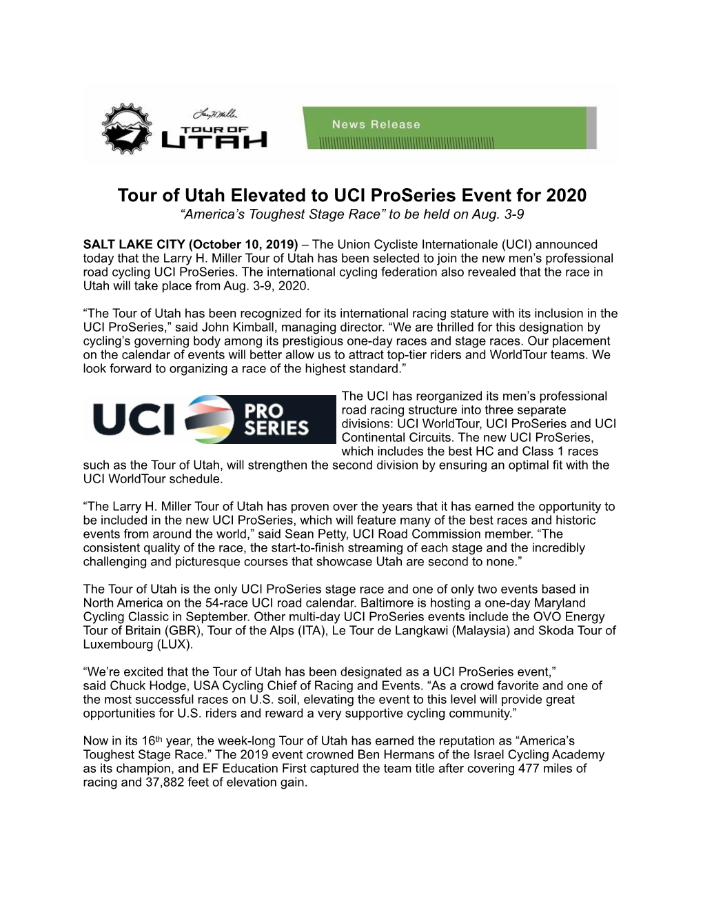 Release-Tour of Utah Elevated to UCI Proseries 10-10-19