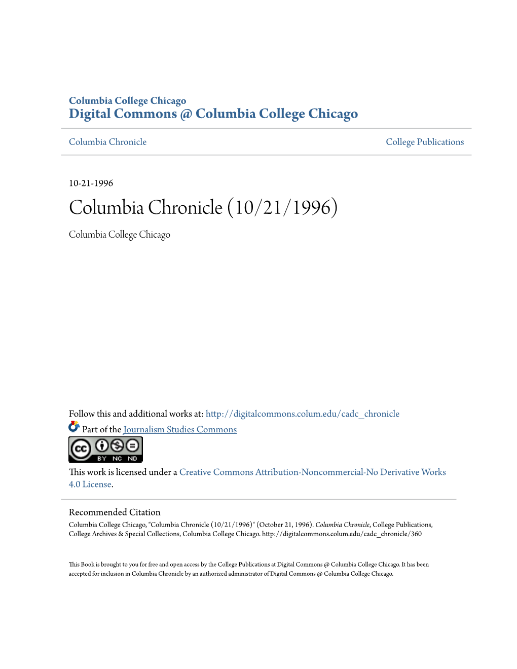 Columbia Chronicle (10/21/1996) Columbia College Chicago