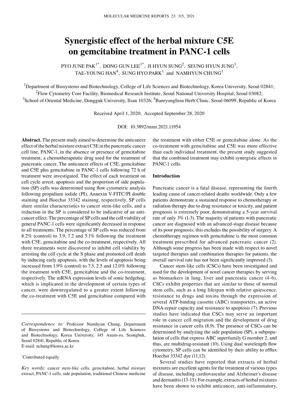 Synergistic Effect of the Herbal Mixture C5E on Gemcitabine Treatment in PANC‑1 Cells