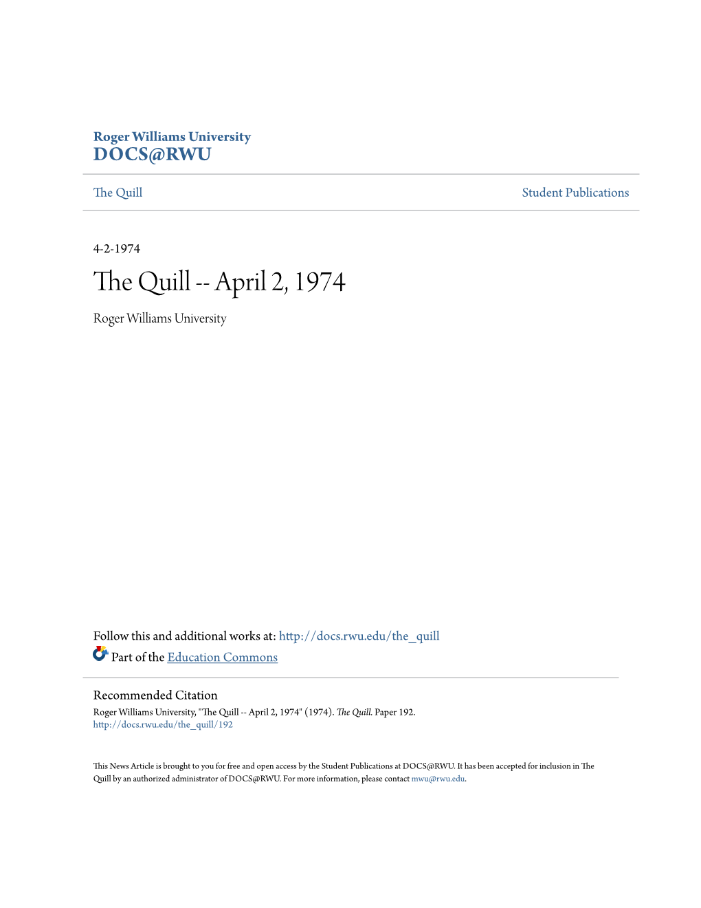 The Quill -- April 2, 1974 Roger Williams University