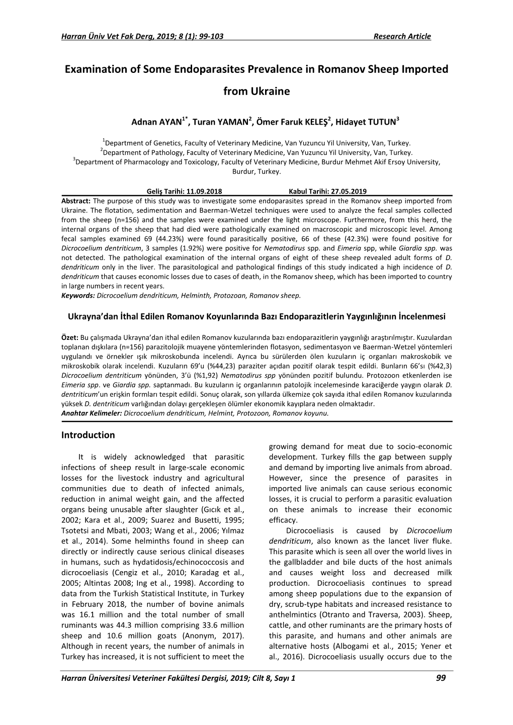 Examination of Some Endoparasites Prevalence in Romanov Sheep Imported from Ukraine