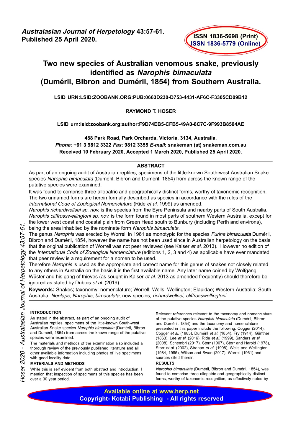 Two New Species of Australian Venomous Snake, Previously Identified As Narophis Bimaculata (Duméril, Bibron and Duméril, 1854) from Southern Australia