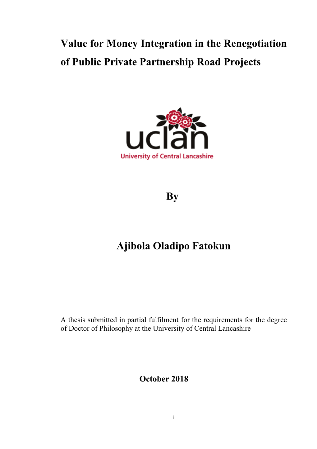 Value for Money Integration in the Renegotiation of Public Private Partnership Road Projects by Ajibola Oladipo Fatokun