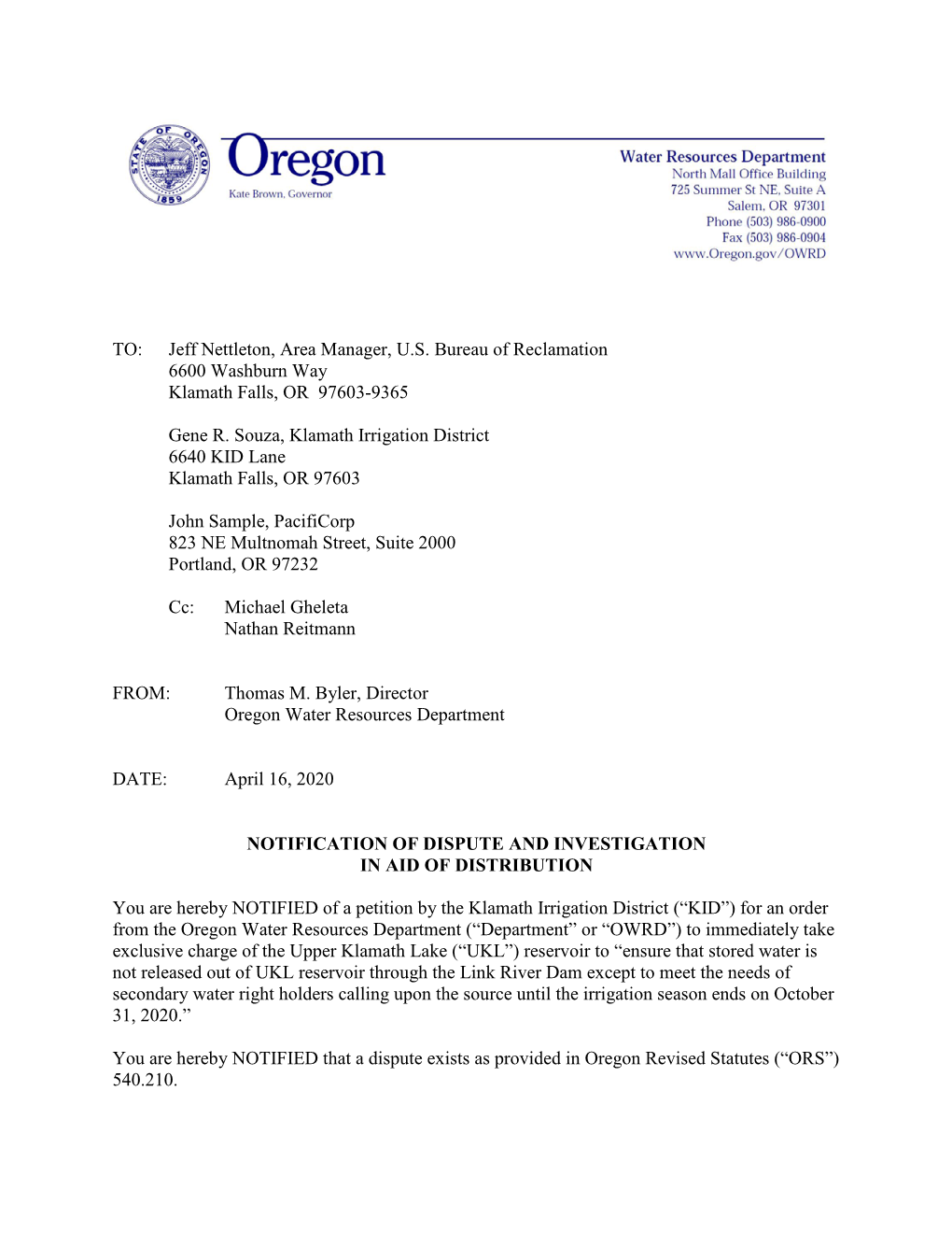 TO: Jeff Nettleton, Area Manager, U.S. Bureau of Reclamation 6600 Washburn Way Klamath Falls, OR 97603-9365 Gene R. Souza