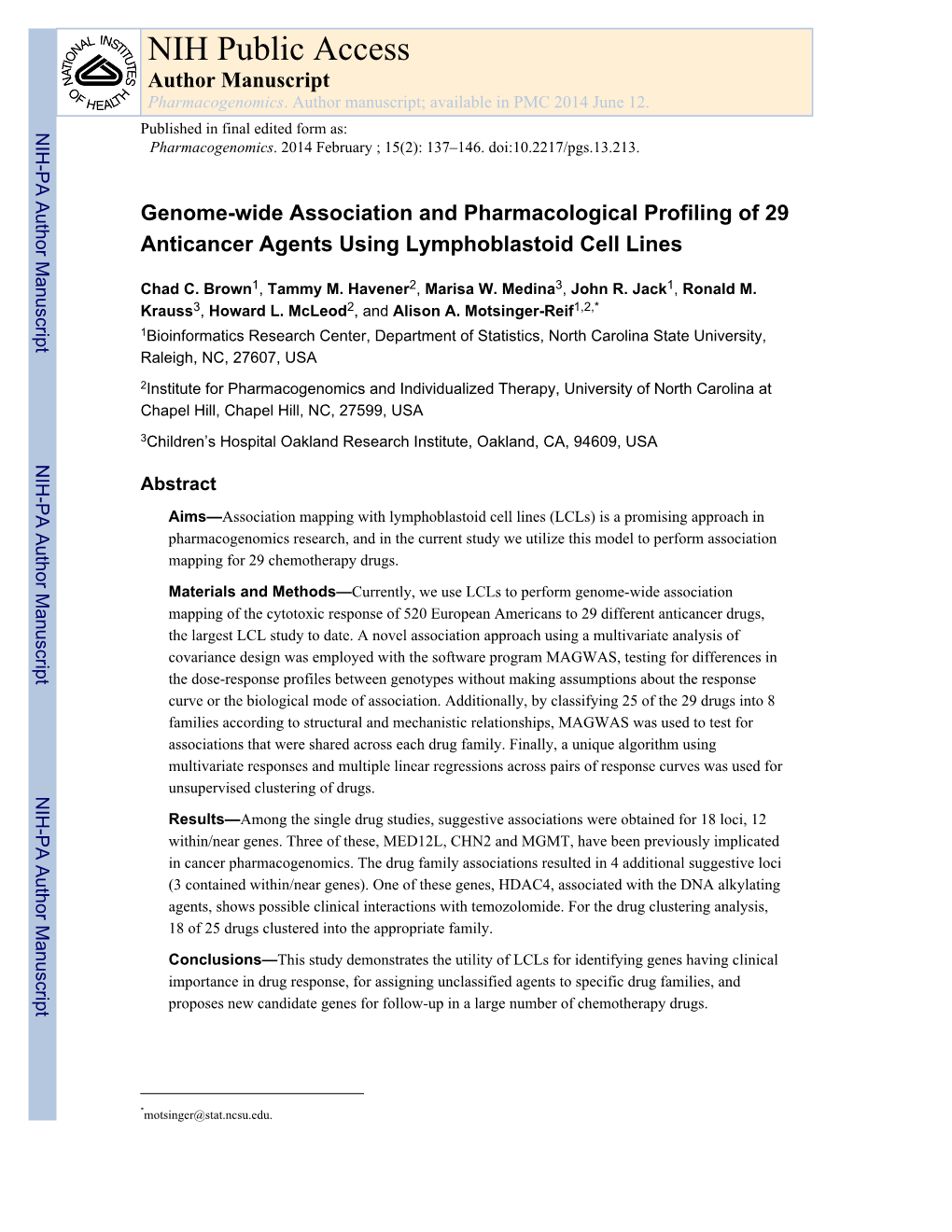 NIH Public Access Author Manuscript Pharmacogenomics