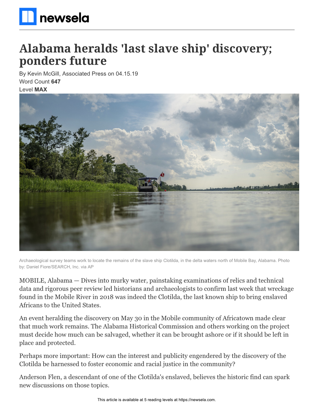 Alabama Heralds 'Last Slave Ship' Discovery; Ponders Future by Kevin Mcgill, Associated Press on 04.15.19 Word Count 647 Level MAX