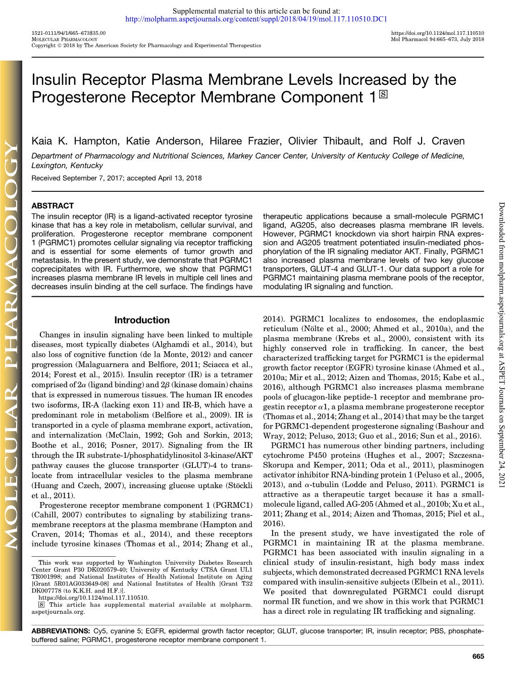 Insulin Receptor Plasma Membrane Levels Increased by the Progesterone Receptor Membrane Component 1 S