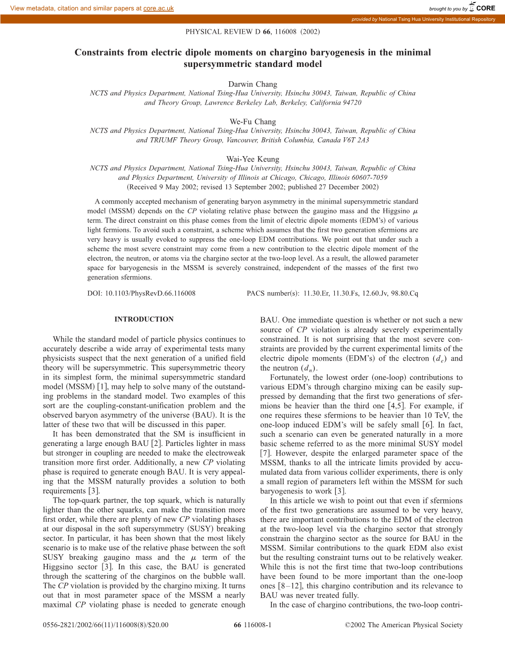 Constraints from Electric Dipole Moments on Chargino Baryogenesis in the Minimal Supersymmetric Standard Model