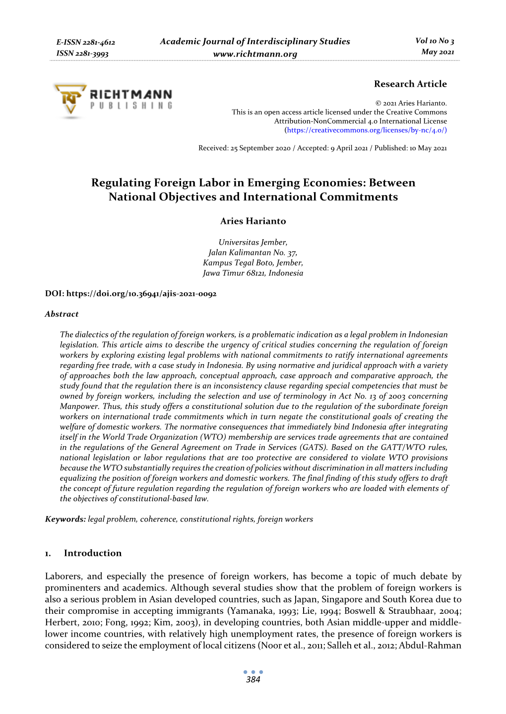Regulating Foreign Labor in Emerging Economies: Between National Objectives and International Commitments