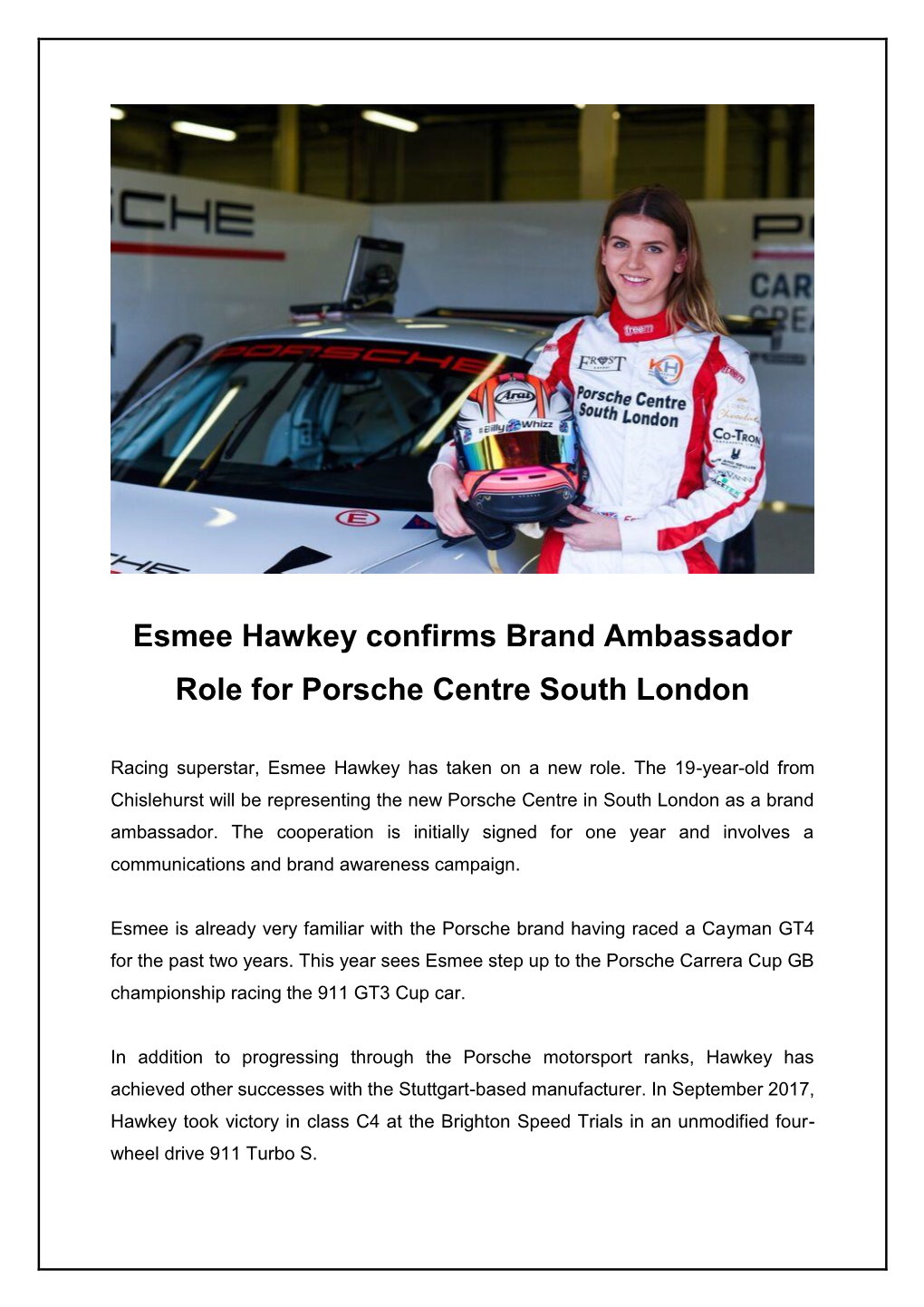 Esmee Hawkey Confirms Brand Ambassador Role for Porsche Centre South London