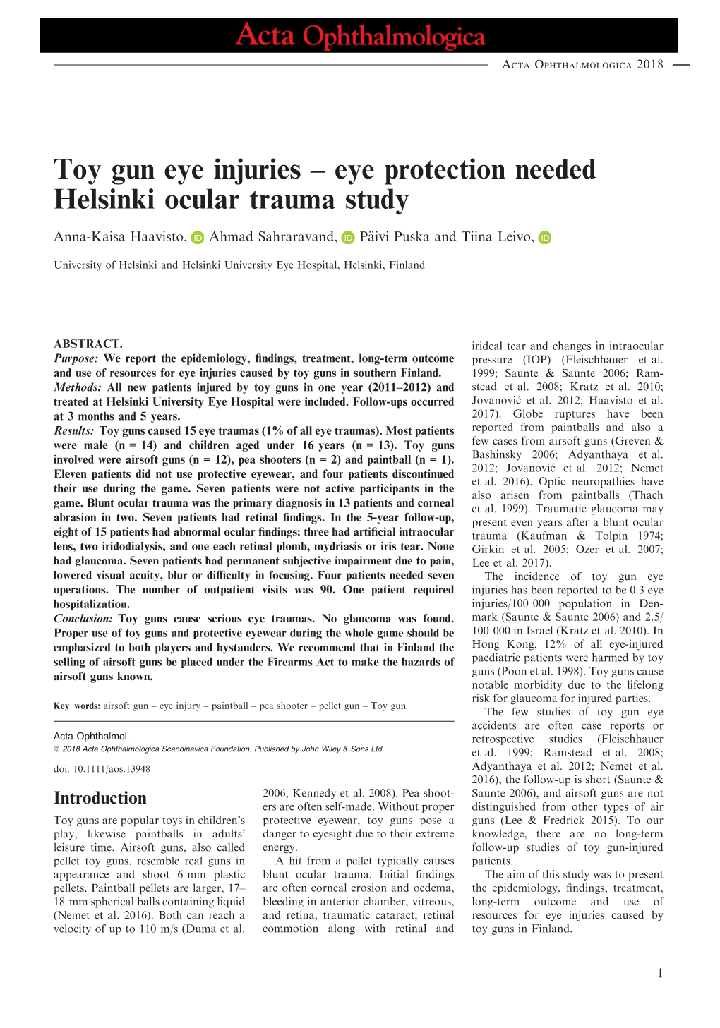 Toy Gun Eye Injuries – Eye Protection Needed Helsinki Ocular Trauma Study