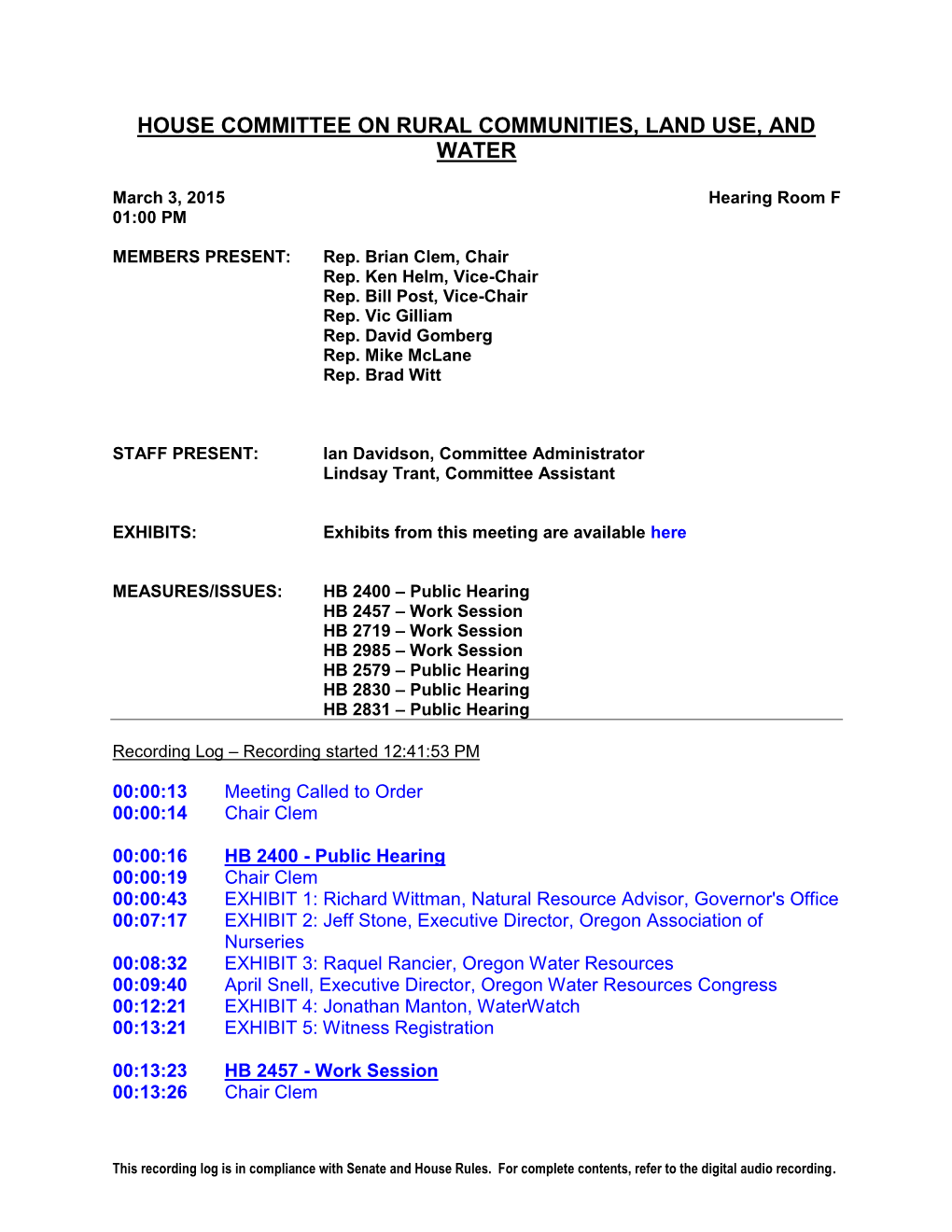 House Committee on Rural Communities, Land Use, and Water